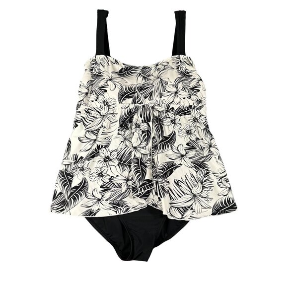 Island Pearls Womens 14 One Piece Tankini Swimsuit Flowy Black White Nylon Blend - Picture 1 of 11